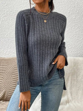 Gray Ribbed Knit Sweater with Long Sleeve Length and Round Neck Sweater Pullovers