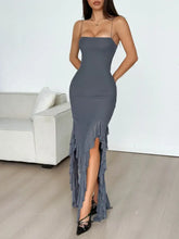 Gray Spaghetti Strap Maxi Dress with Ruffled Slits Maxi Dresses