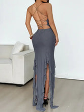Gray Spaghetti Strap Maxi Dress with Ruffled Slits Maxi Dresses