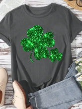 Gray T-Shirt with Glittery Green Shamrock Rolled Sleeves for Women Woman T Shirts