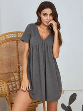 Gray V Neck Ruched Babydoll Dress with Moderate Stretch Dark Gray Dresses