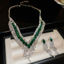 Green and Silver Rhinestone Jewelry Set Necklace and Earrings Fashion Jewelry