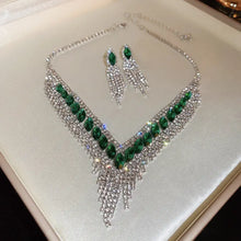 Green and Silver Rhinestone Jewelry Set Necklace and Earrings Dark Green One Size Fashion Jewelry
