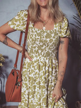 Green and White Floral Tiered Midi Dress Casual Dresses