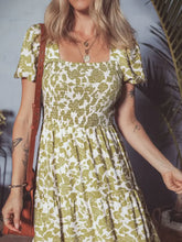Green and White Floral Tiered Midi Dress Casual Dresses