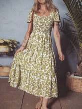 Green and White Floral Tiered Midi Dress Casual Dresses