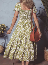 Green and White Floral Tiered Midi Dress Casual Dresses