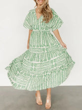 Green and White Patterned Ruched Maxi Dress Casual Dresses