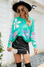 Green Floral Acrylic Sweater with Long Sleeve Length for Women Teal Sweater Pullovers