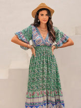 Green Floral Print Ruched Maxi Dress Casual Dresses
