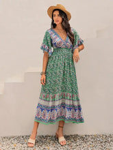Green Floral Print Ruched Maxi Dress Casual Dresses