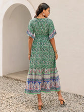 Green Floral Print Ruched Maxi Dress Casual Dresses