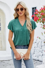 Green Flutter Sleeve V Neck Top for Women with Short Sleeve Length Turquoise Woman T Shirts
