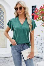 Green Flutter Sleeve V Neck Top for Women with Short Sleeve Length Woman T Shirts