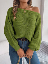 Green Off Shoulder Knit Sweater with Long Sleeve Length Sweater Pullovers