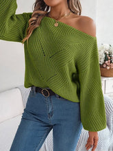 Green Off Shoulder Knit Sweater with Long Sleeve Length Sweater Pullovers