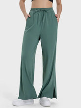 Green Wide Leg Palazzo Pants with Drawstring and Pockets Dark Green Woman Leggings