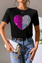 Heart Sequin Round Neck Short Sleeve T-Shirt Black Woman T Shirts