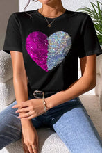 Heart Sequin Round Neck Short Sleeve T-Shirt Woman T Shirts