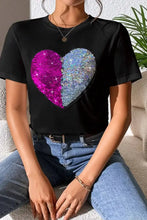 Heart Sequin Round Neck Short Sleeve T-Shirt Woman T Shirts