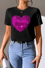 Heart Sequin Round Neck Short Sleeve T-Shirt Woman T Shirts