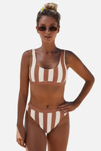 High Waist Black and White Striped Bikini Set Brown Swimwear