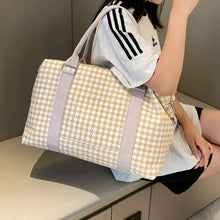 Houndstooth Canvas Duffel Bag with Leather Straps Medium Size Travel Bags