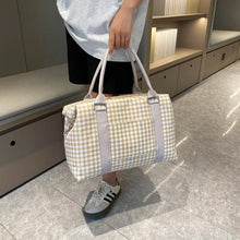 Houndstooth Canvas Duffel Bag with Leather Straps Medium Size Travel Bags