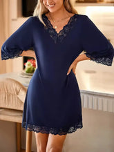 Navy Blue Lace Trim Nightgown Polyester Cotton Blend Dresses