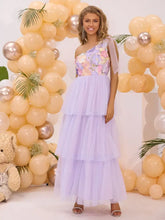 Lavender One Shoulder Floral Bodice Tiered Tulle Maxi Dress Maxi Dresses