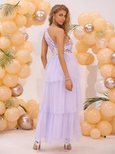 Lavender One Shoulder Floral Bodice Tiered Tulle Maxi Dress Maxi Dresses