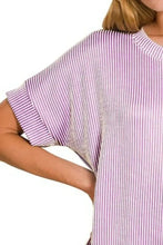 Lavender Striped Corded Rib Short Sleeve T Shirt for Women Woman T Shirts