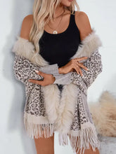 Leopard Print Cardigan and Poncho with Faux Fur Trim and Fringe Beige One Size Woman Outerwear