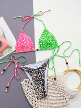 Leopard Print Bikini Set with Pink and Green Cups and Beaded Ties Swimwear