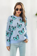 Light Blue Butterfly Sweater Round Neck Long Sleeve Pullover Pastel Blue Sweater Pullovers