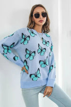Light Blue Butterfly Sweater Round Neck Long Sleeve Pullover Sweater Pullovers