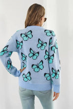 Light Blue Butterfly Sweater Round Neck Long Sleeve Pullover Sweater Pullovers