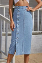 Light Blue Denim Button Front Midi Skirt with Slit Woman Skirts