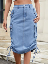 Light Blue Denim Cargo Skirt with Pockets and Drawstring Waist Woman Skirts