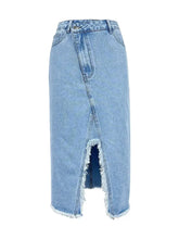Light Blue Denim Midi Skirt with Front Slit and Raw Hem Woman Skirts