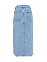 Light Blue Denim Midi Skirt with Front Slit and Raw Hem Woman Skirts