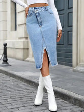Light Blue Denim Midi Skirt with Front Slit and Raw Hem Light Woman Skirts