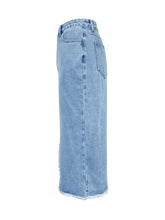 Light Blue Denim Midi Skirt with Front Slit and Raw Hem Woman Skirts