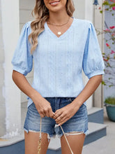 Light Blue Eyelet Lace Puff Sleeve Blouse for Women Woman T Shirts