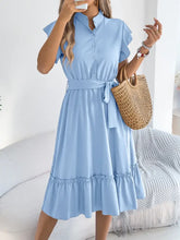 Light Blue Midi Dress with Belt and Ruffle Detail Casual Dresses
