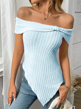 Light Blue Off Shoulder Ribbed Knit Top for Women Pastel Blue Woman T Shirts