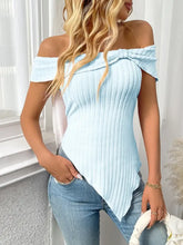 Light Blue Off Shoulder Ribbed Knit Top for Women Woman T Shirts