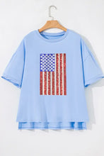 Light Blue Oversized T-Shirt with American Flag Sequin Graphic Woman T Shirts