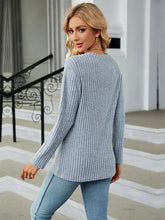 Light Blue Ribbed Knit Top with Asymmetrical Button Detail Sweater Pullovers