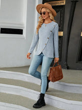 Light Blue Ribbed Knit Top with Asymmetrical Button Detail Sweater Pullovers